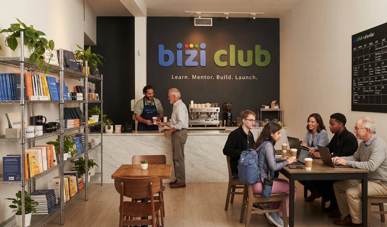 Members working at the Bizi Club space, with the bizi club logo on the wall